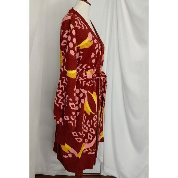 FARM Rio Cardigan L Toucanissimo Belted Longline Red Burgundy Cozy - Picture 8 of 13